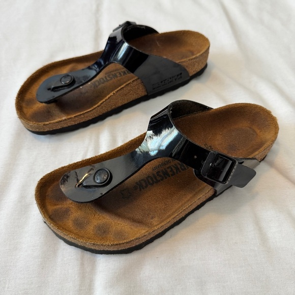 Birkenstock 5 Gizeh Birko Flor Black Patent Leather Thong Sandals Slides - Picture 5 of 9